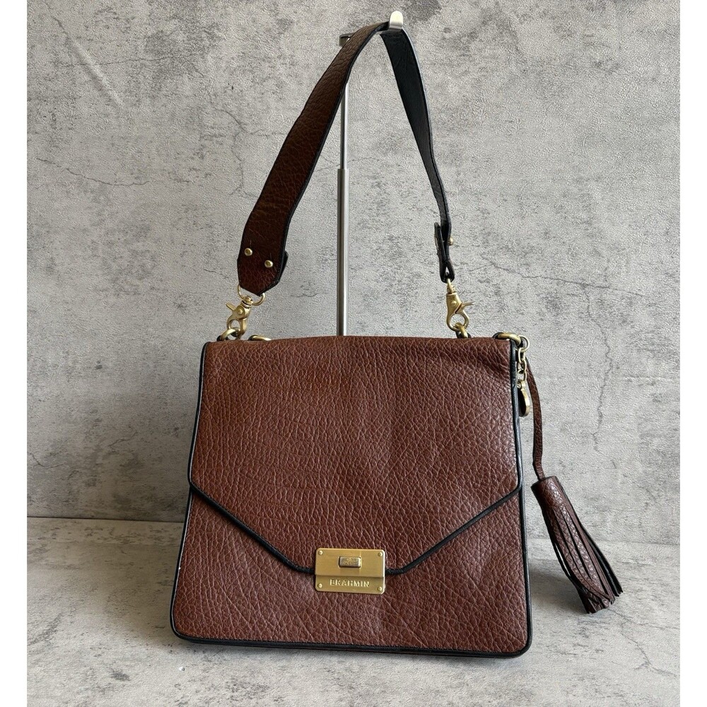 Brahmin Ophelia Brown Handbag Shoulder Bag Embossed Leather Purse Turn lock EUC